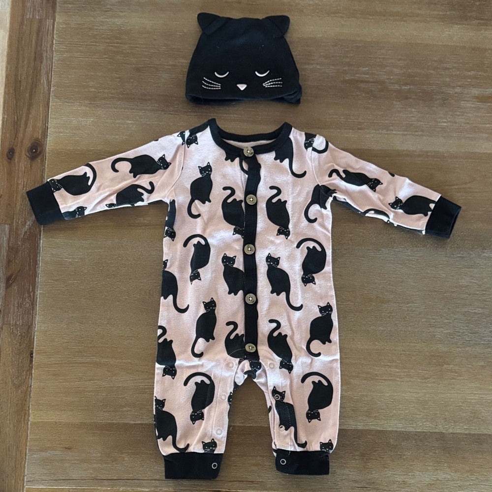 Black Cat Print Kids One Piece